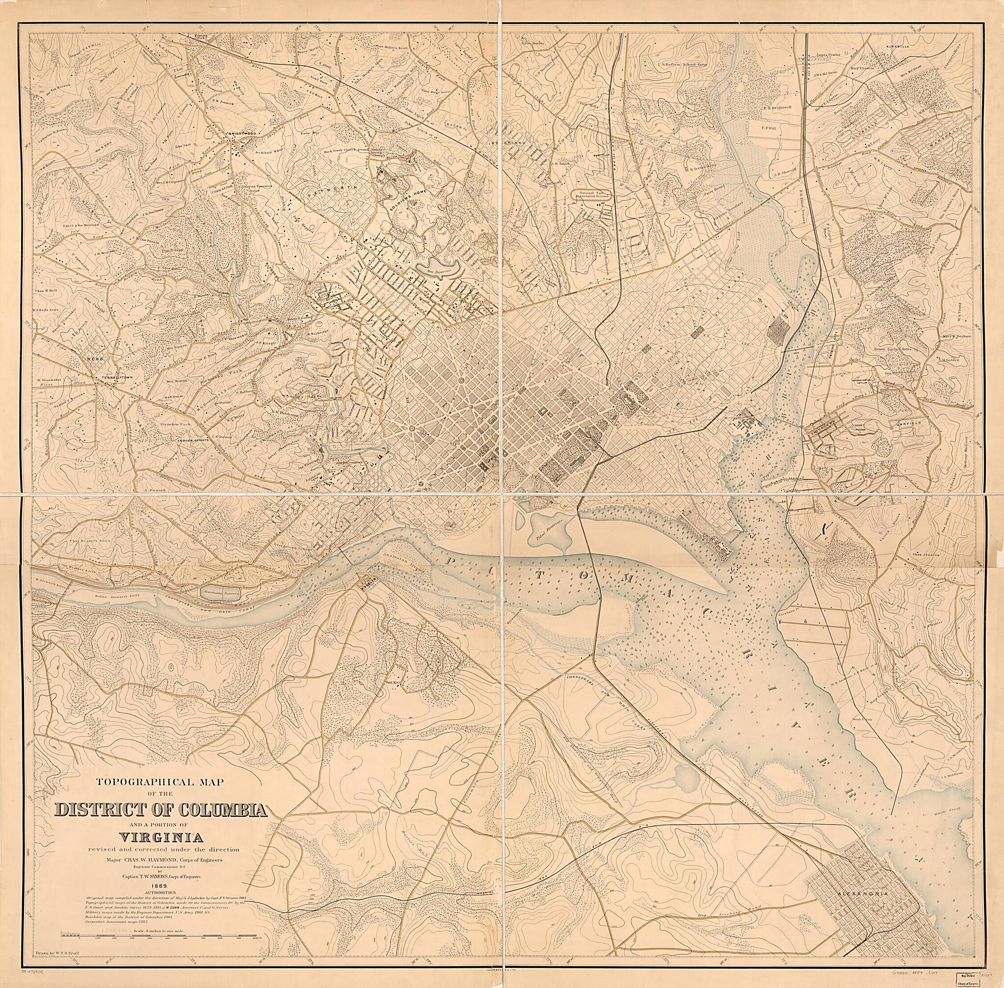 This old map of Topographical Map of the District of Columbia and a Portion of Virginia from 1889 was created by William T. O. Bruff,  Office of the Engineer Commissioner D.C., Chas. W. (Charles Walker) Raymond, T. W. (Thomas William) Symons,  United Sta