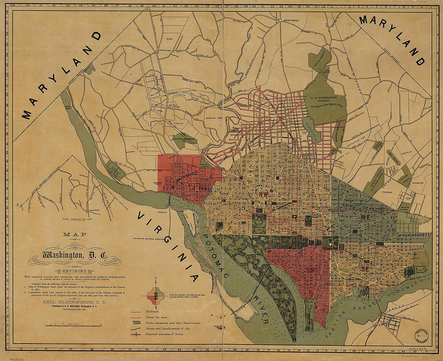 This old map of Map of Washington, D.C., and Environs : With Marginal Numbers and Measuring Tape Attachment for Instantly Locating Points of Interest Within a Radius of Twenty Miles from the Capitol from 1887 was created by Axel Silversparre, R. E. Whitm