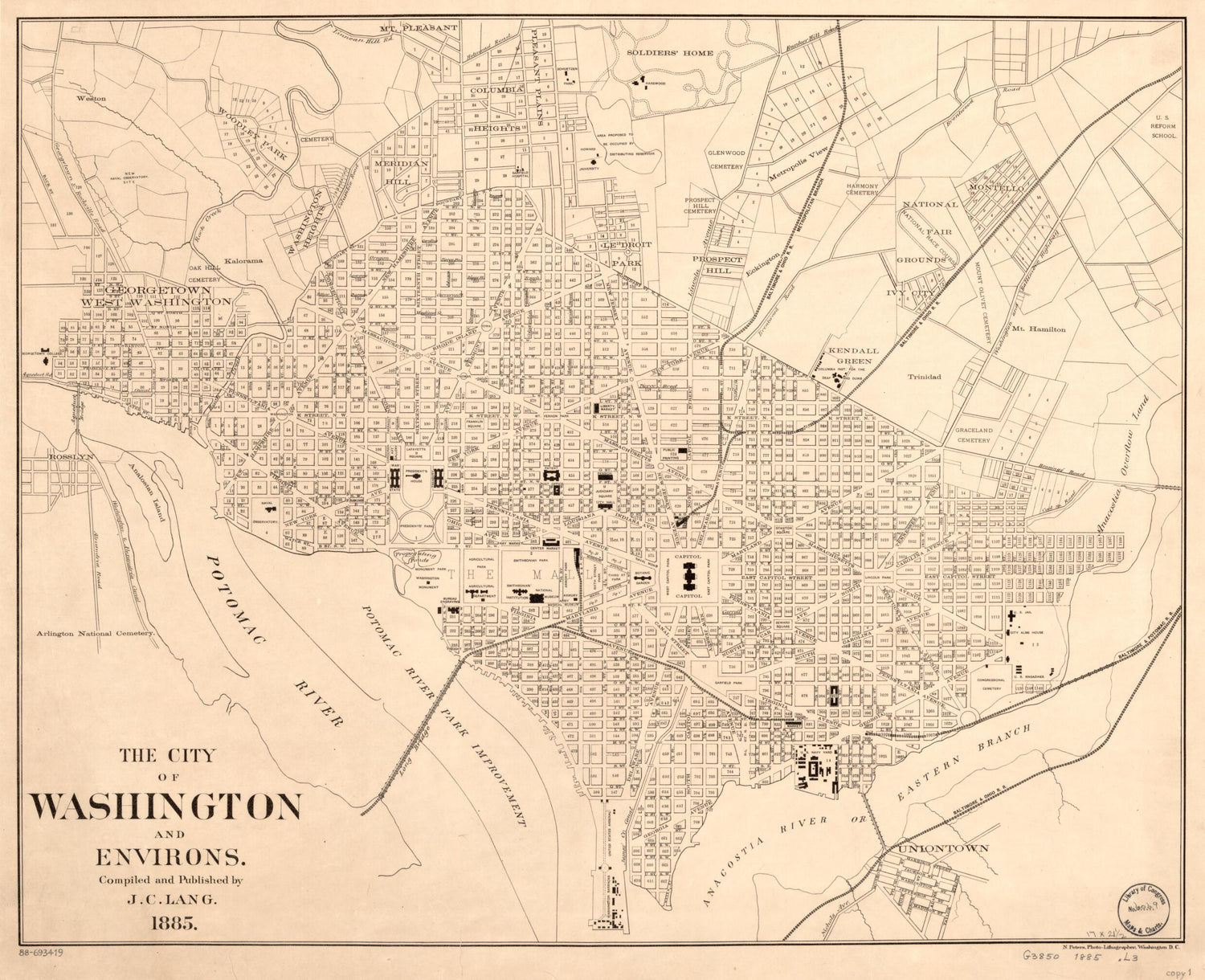 This old map of The City of Washington and Environs from 1885 was created by John C. Lang, N. (Norris) Peters in 1885