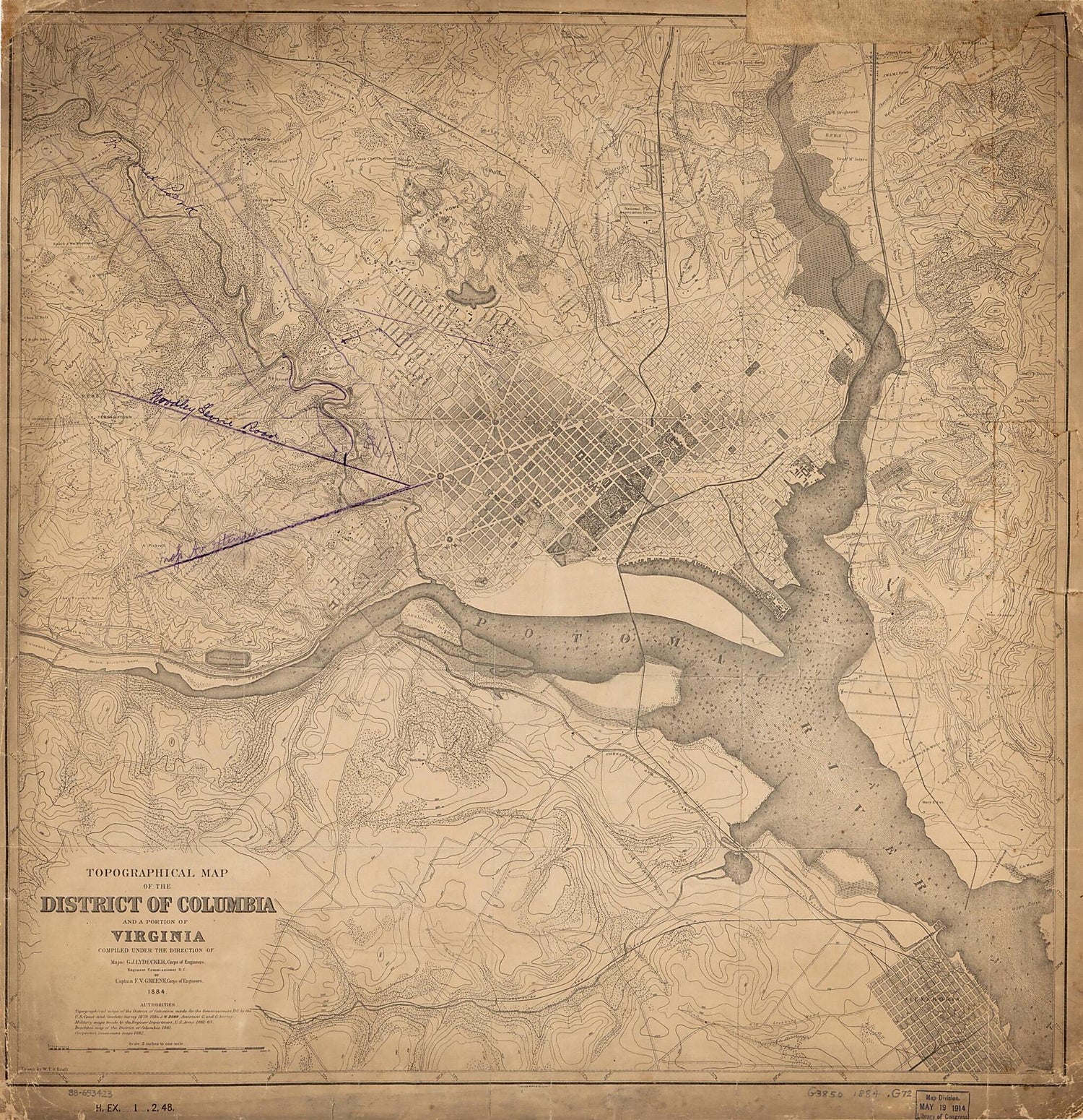 This old map of Topographical Map of the District of Columbia and a Portion of Virginia from 1884 was created by William T.O. Bruff, F. V. (Francis Vinton) Greene, G. J. (Garrett J.) Lydecker,  Office of the Engineer Commissioner D.C.,  United States. Ar