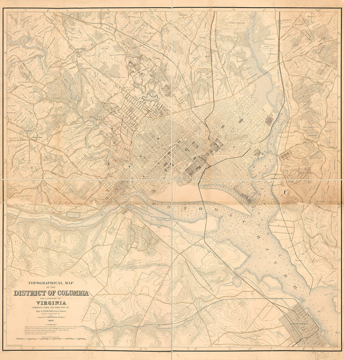 This old map of Topographical Map of the District of Columbia and a Portion of Virginia from 1884 was created by William T. O. Bruff, F. V. (Francis Vinton) Greene, G. J. (Garrett J.) Lydecker,  Office of the Engineer Commissioner D.C.,  United States. A