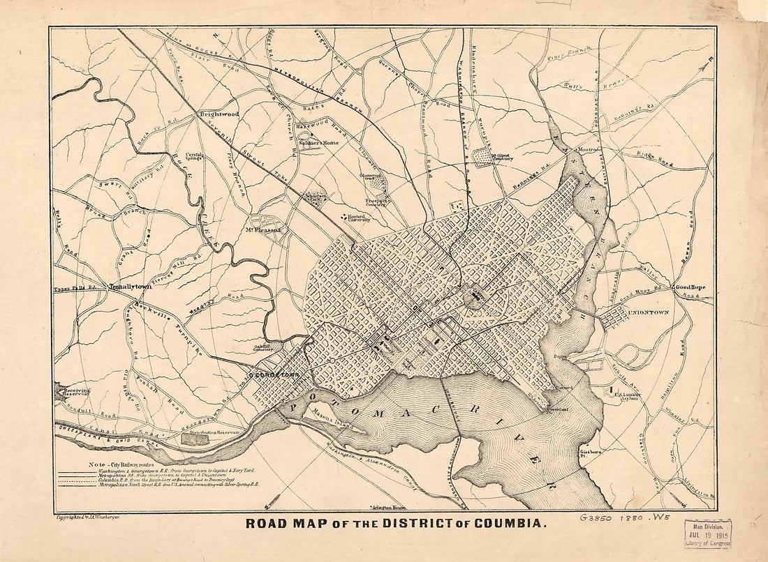 This old map of Road Map of the District of Coumbia sic from 1880 was created by J. A. (James Albert) Wineberger in 1880