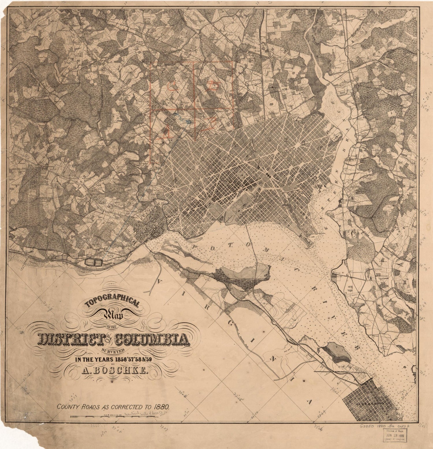 This old map of Topographical Map of the District of Columbia from 1880 was created by A. Boschke in 1880