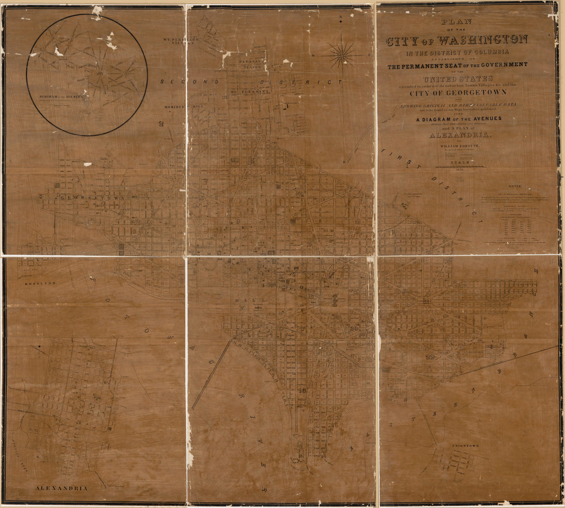 This old map of Plan of the City of Washington In the District of Columbia : Established As the Permanent Seat of the Government of the United States, Extended to Embrace Its Suburban Towns, Villages, &amp;c. and the City of Georgetown and Showing Original a