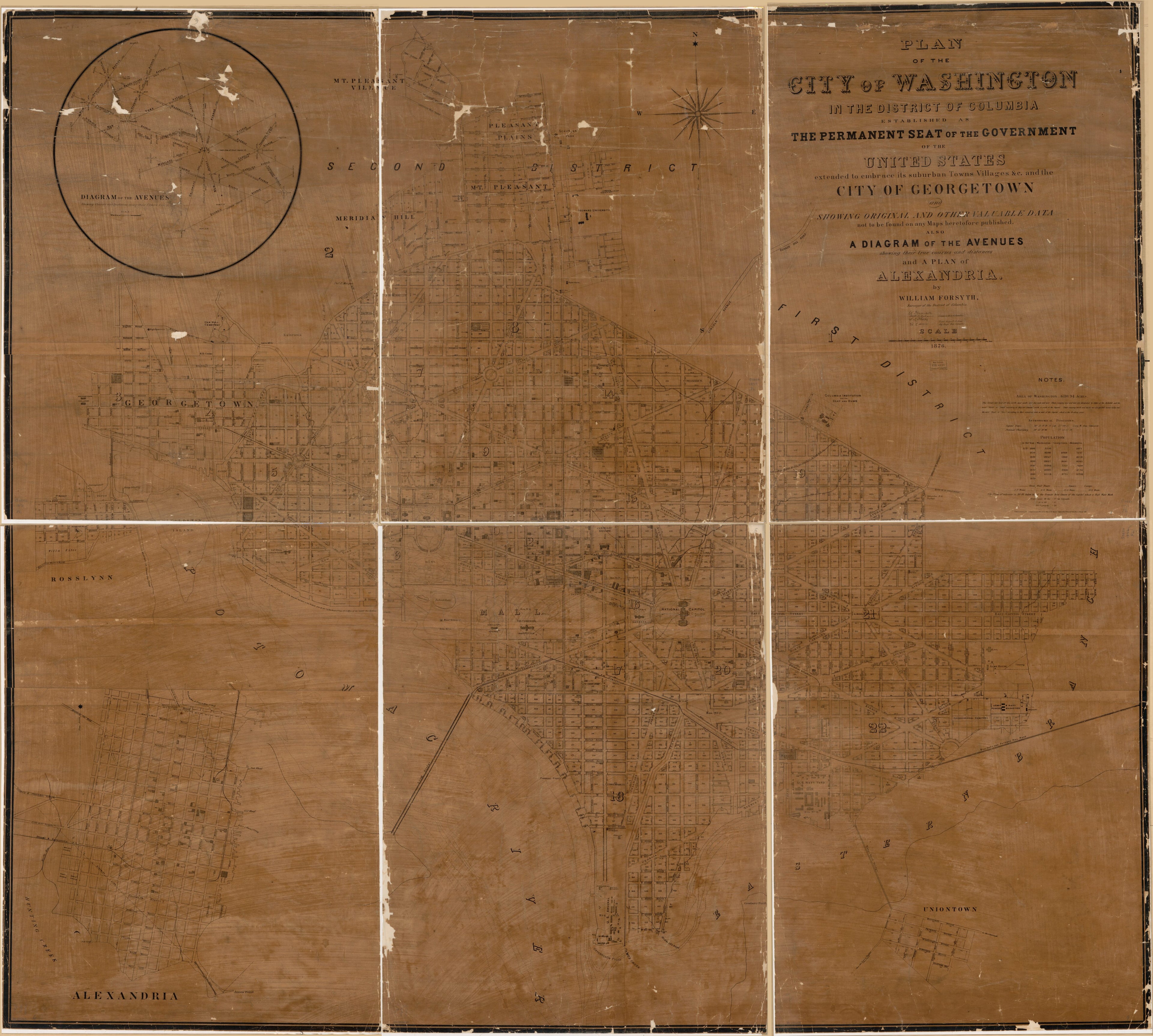 This old map of Plan of the City of Washington In the District of Columbia : Established As the Permanent Seat of the Government of the United States, Extended to Embrace Its Suburban Towns, Villages, &amp;c. and the City of Georgetown and Showing Original a