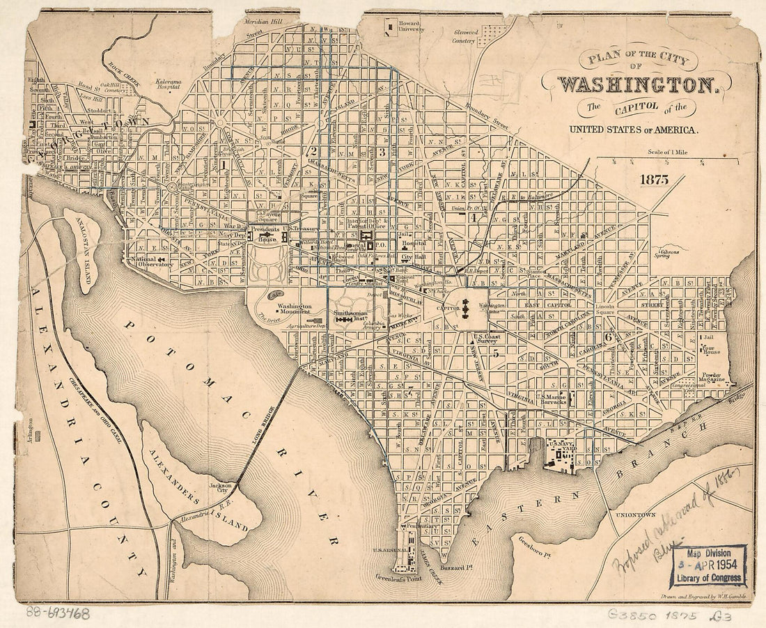 This old map of Plan of the City of Washington : the Capitol sic of the United States of America from 1875 was created by W. H. (William H.) Gamble in 1875