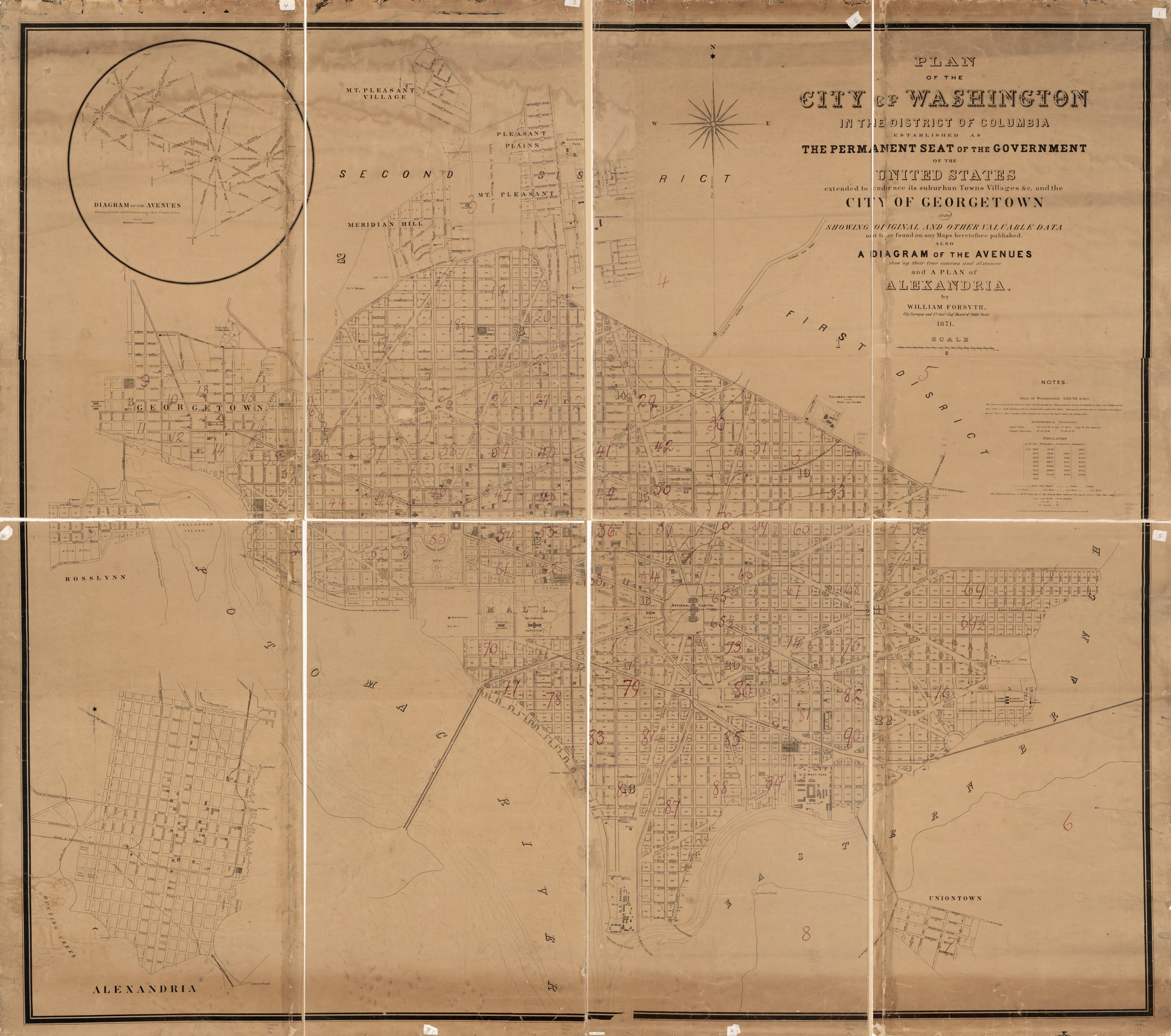 This old map of Plan of the City of Washington In the District of Columbia : Established As the Permanent Seat of the Government of the United States, Extended to Embrace Its Suburban Towns, Villages, &amp;c. and the City of Georgetown and Showing Original a