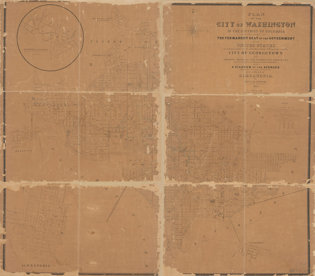 This old map of Plan of the City of Washington In the District of Columbia : Established As the Permanent Seat of the Government of the United States, Extended to Embrace Its Suburban Towns, Villages, &amp;c. and the City of Georgetown and Showing Original a