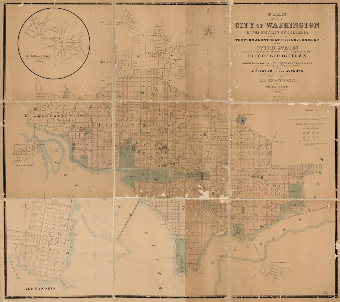 This old map of Plan of the City of Washington In the District of Columbia : Established As the Permanent Seat of the Government of the United States, Extended to Embrace Its Suburban Towns, Villages, &amp;c. and the City of Georgetown and Showing Original a