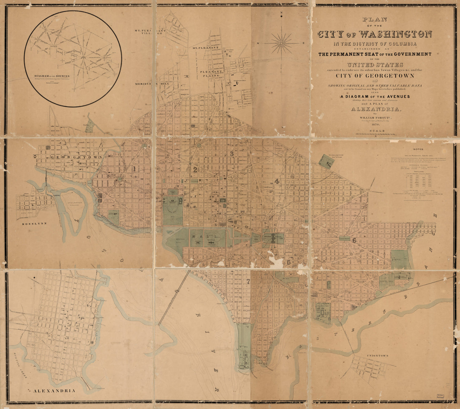 This old map of Plan of the City of Washington In the District of Columbia : Established As the Permanent Seat of the Government of the United States, Extended to Embrace Its Suburban Towns, Villages, &amp;c. and the City of Georgetown and Showing Original a