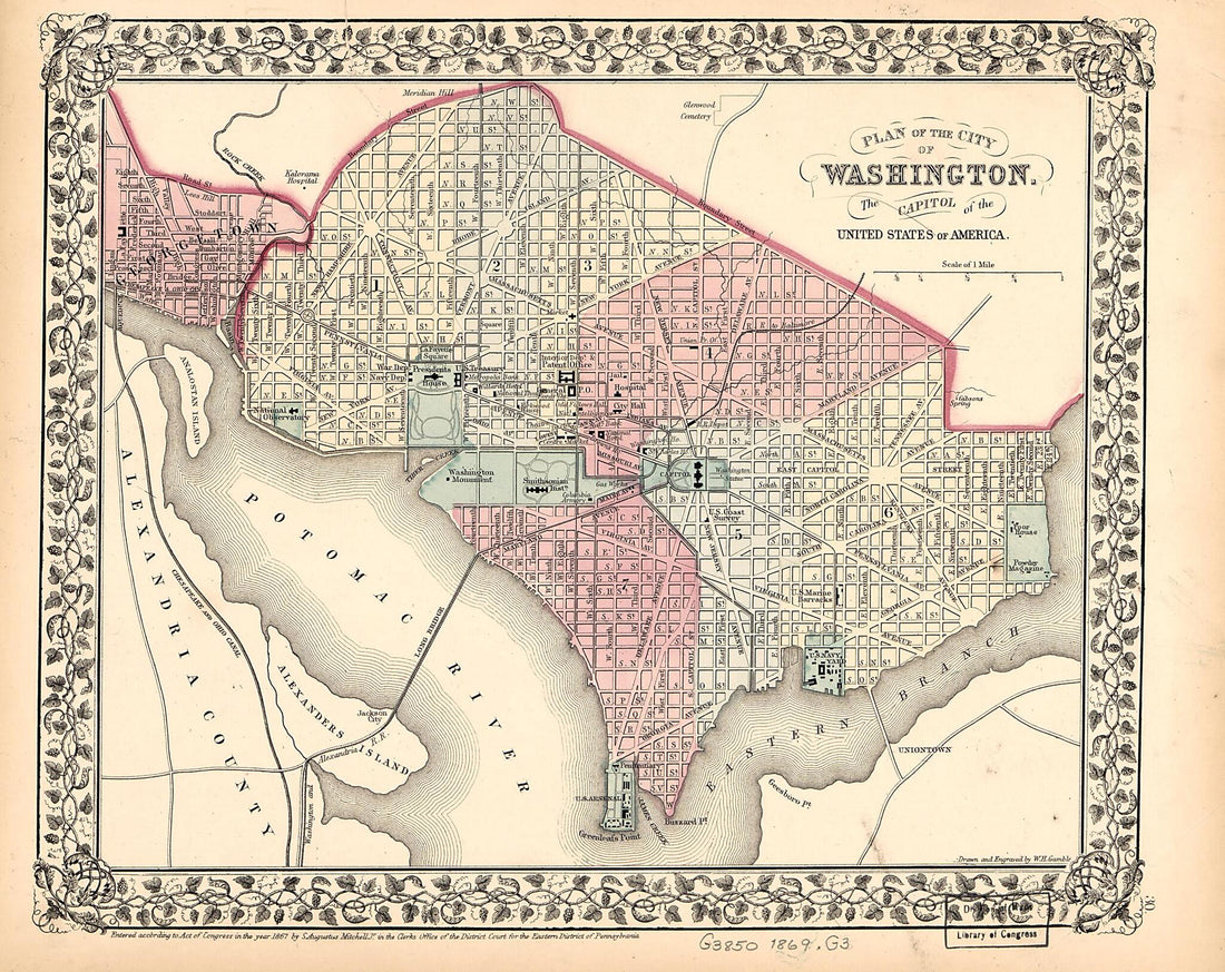 This old map of Plan of the City of Washington : the Capitol sic of the United States of America from 1869 was created by W. H. (William H.) Gamble, S. Augustus (Samuel Augustus) Mitchell in 1869