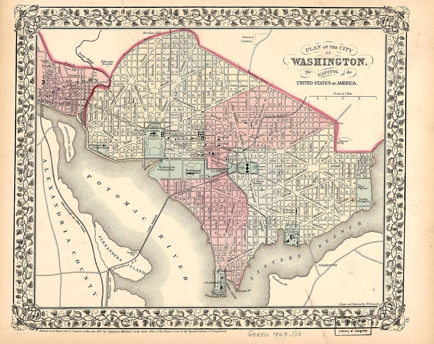 This old map of Plan of the City of Washington : the Capitol sic of the United States of America from 1869 was created by W. H. (William H.) Gamble, S. Augustus (Samuel Augustus) Mitchell in 1869