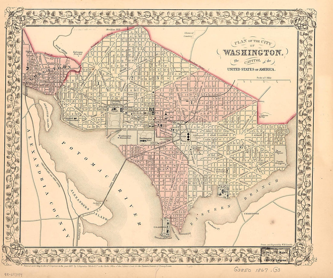 This old map of Plan of the City of Washington : the Capitol sic of the United States of America from 1867 was created by W. H. (William H.) Gamble, S. Augustus (Samuel Augustus) Mitchell in 1867