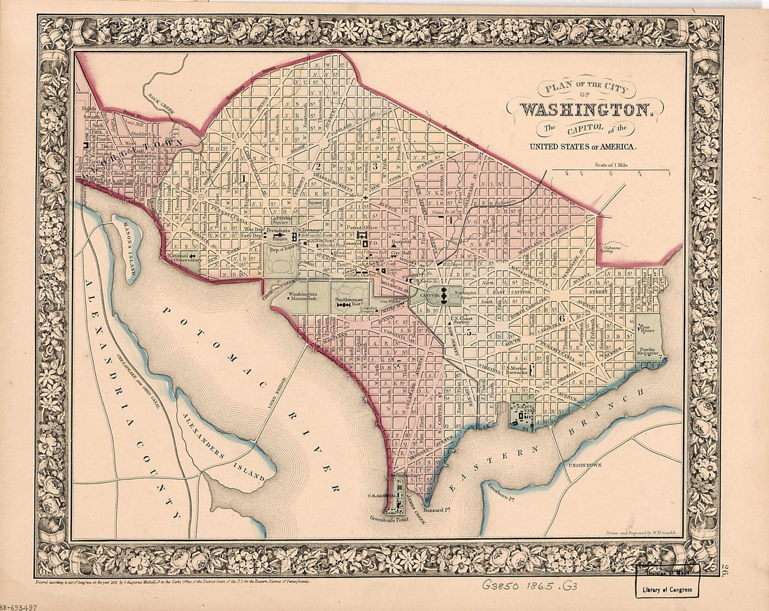 This old map of Plan of the City of Washington : the Capitol sic of the United States of America from 1865 was created by W. H. (William H.) Gamble, S. Augustus (Samuel Augustus) Mitchell in 1865