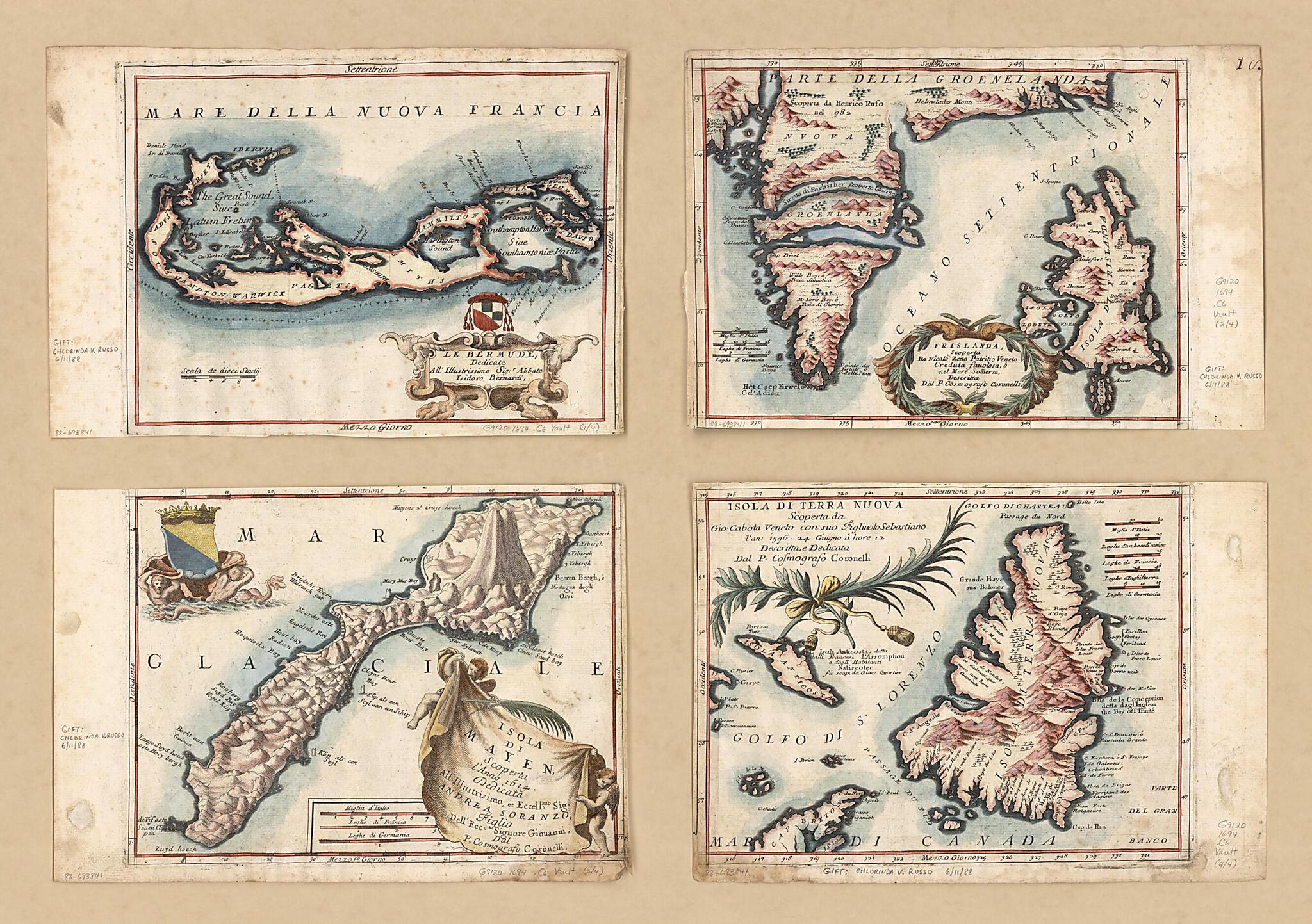 This old map of Maps of Bermuda, Iceland, Jan Mayen Island, and Newfoundland from 1692 was created by Vincenzo Coronelli in 1692