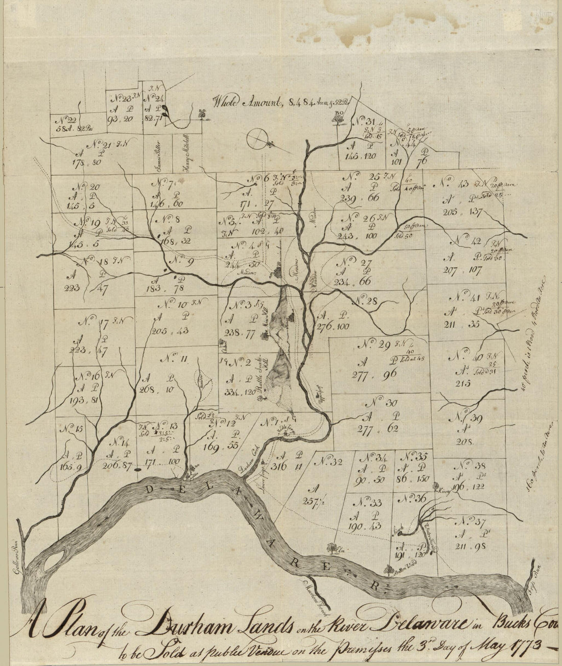 This old map of A Plan of the Durham Lands On the River Delaware In Bucks County : to Be Sold at Public Vendue On the Premisses the 3rd Day of May from 1773 was created by  in 1773