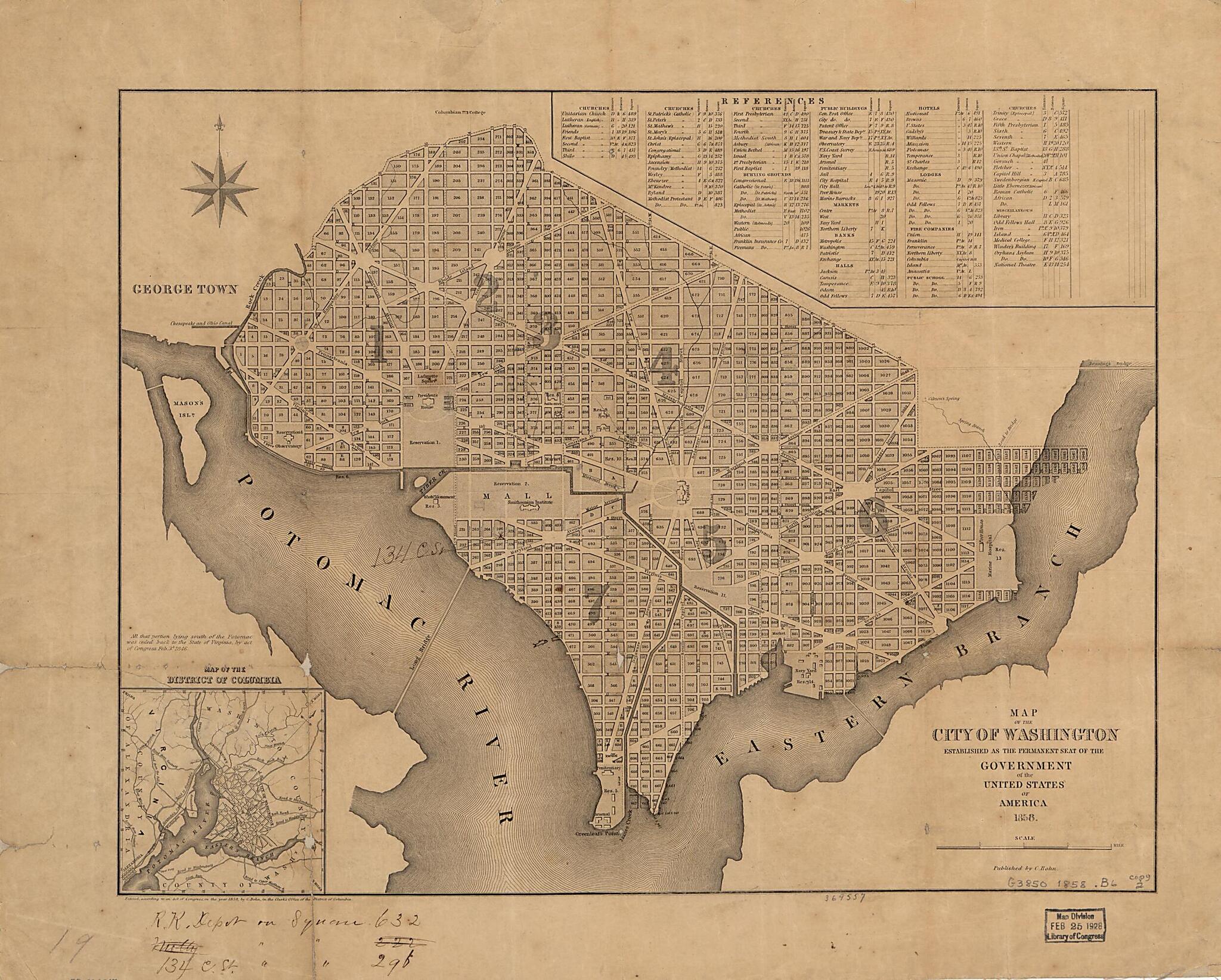 This old map of Map of the City of Washington : Established As the Permanent Seat of the Government of the United States of America from 1858 was created by Casimir Bohn in 1858