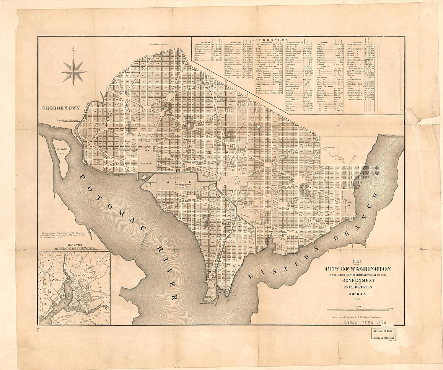 This old map of Map of the City of Washington : Established As the Permanent Seat of the Government of the United States of America from 1855 was created by D. McClelland in 1855