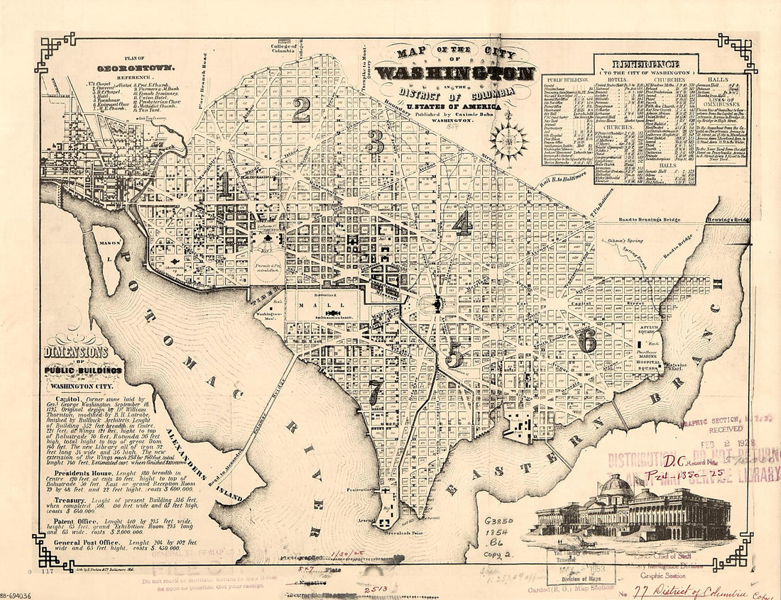 This old map of Map of the City of Washington In the District of Columbia, U. States of America from 1854 was created by Casimir Bohn,  E. Sachse &amp; Co in 1854