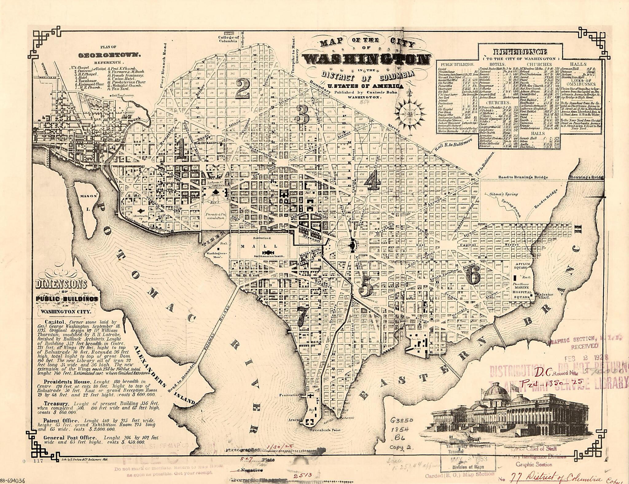 This old map of Map of the City of Washington In the District of Columbia, U. States of America from 1854 was created by Casimir Bohn,  E. Sachse &amp; Co in 1854