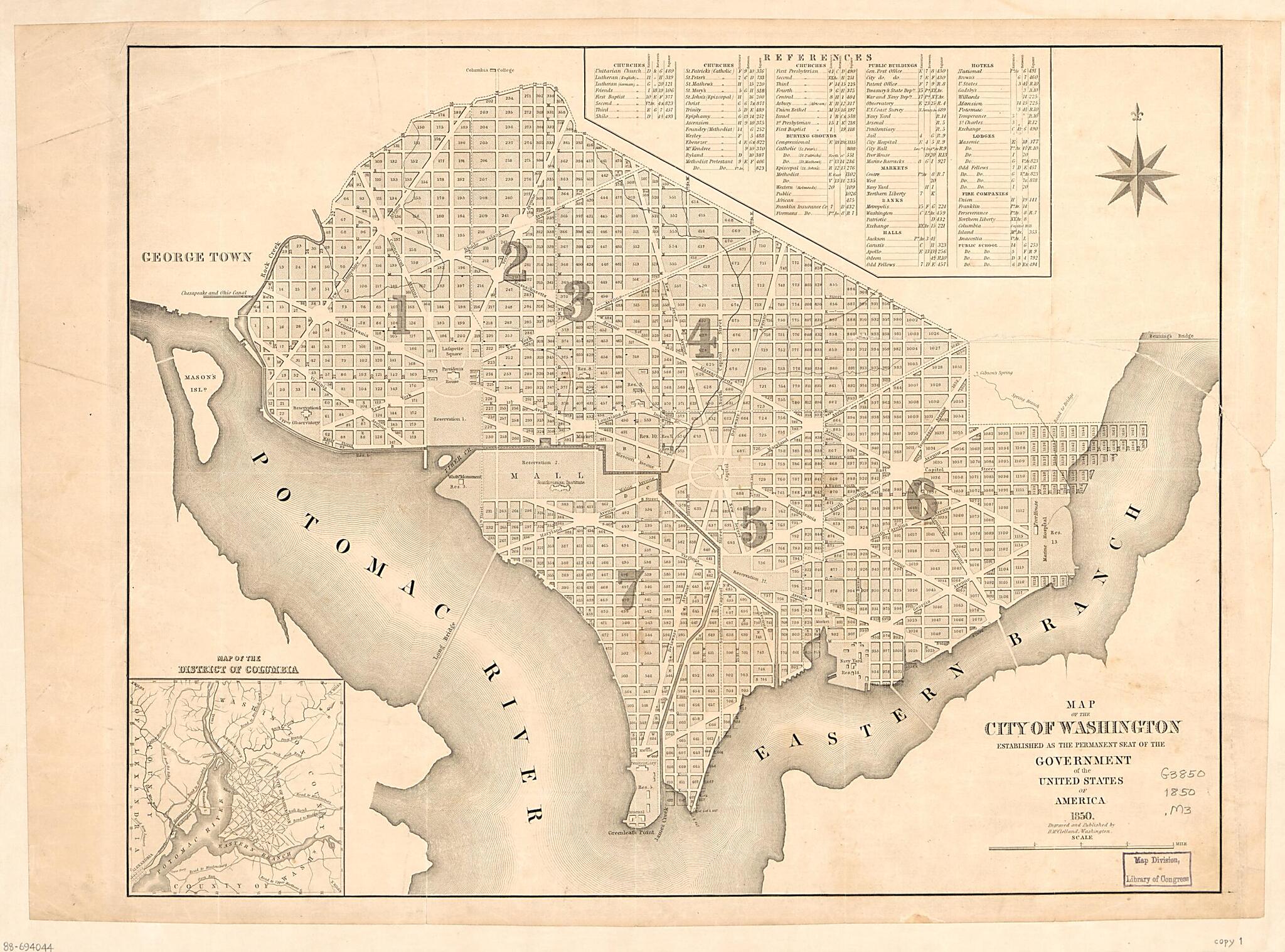 This old map of Map of the City of Washington : Established As the Permanent Seat of the Government of the United States of America from 1850 was created by D. McClelland in 1850