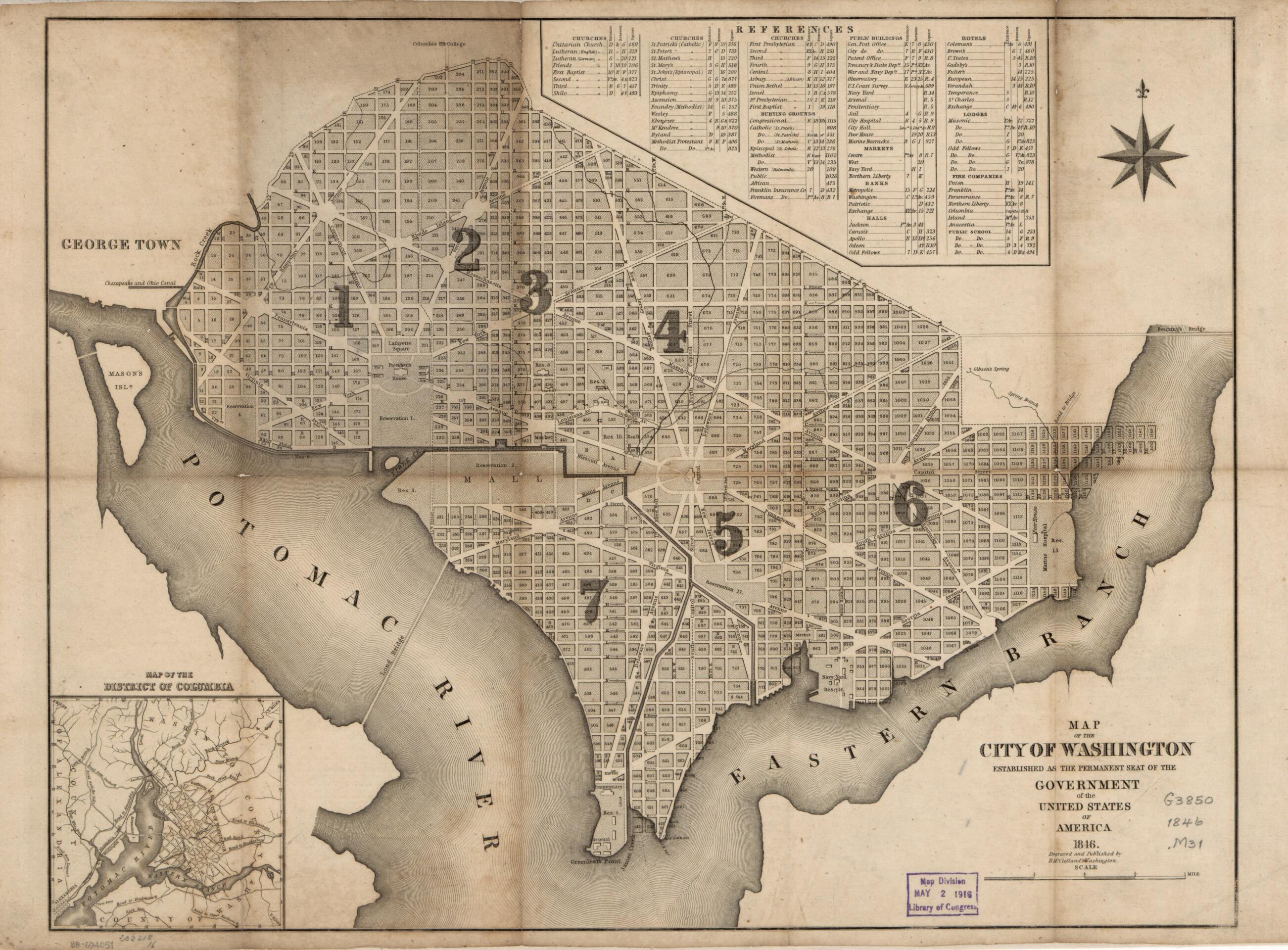 This old map of Map of the City of Washington : Established As the Permanent Seat of the Government of the United States of America from 1846 was created by D. McClelland in 1846