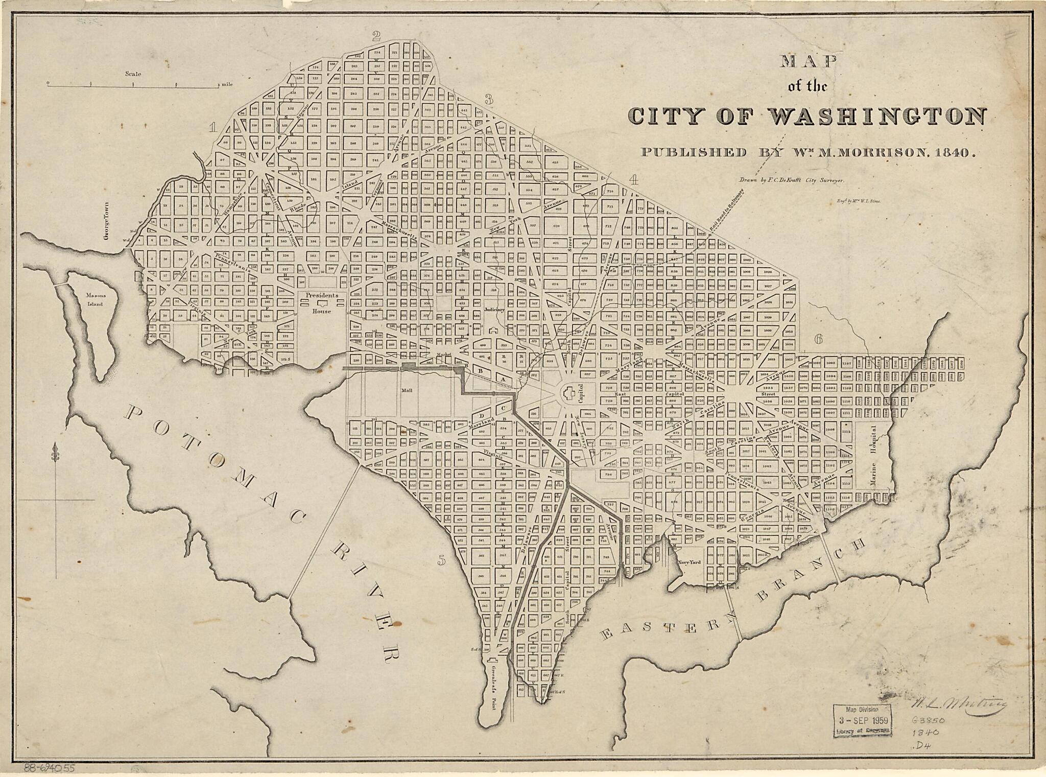 This old map of Map of the City of Washington from 1840 was created by F. C. De Krafft, William M. Morrison, W. I. Stone in 1840