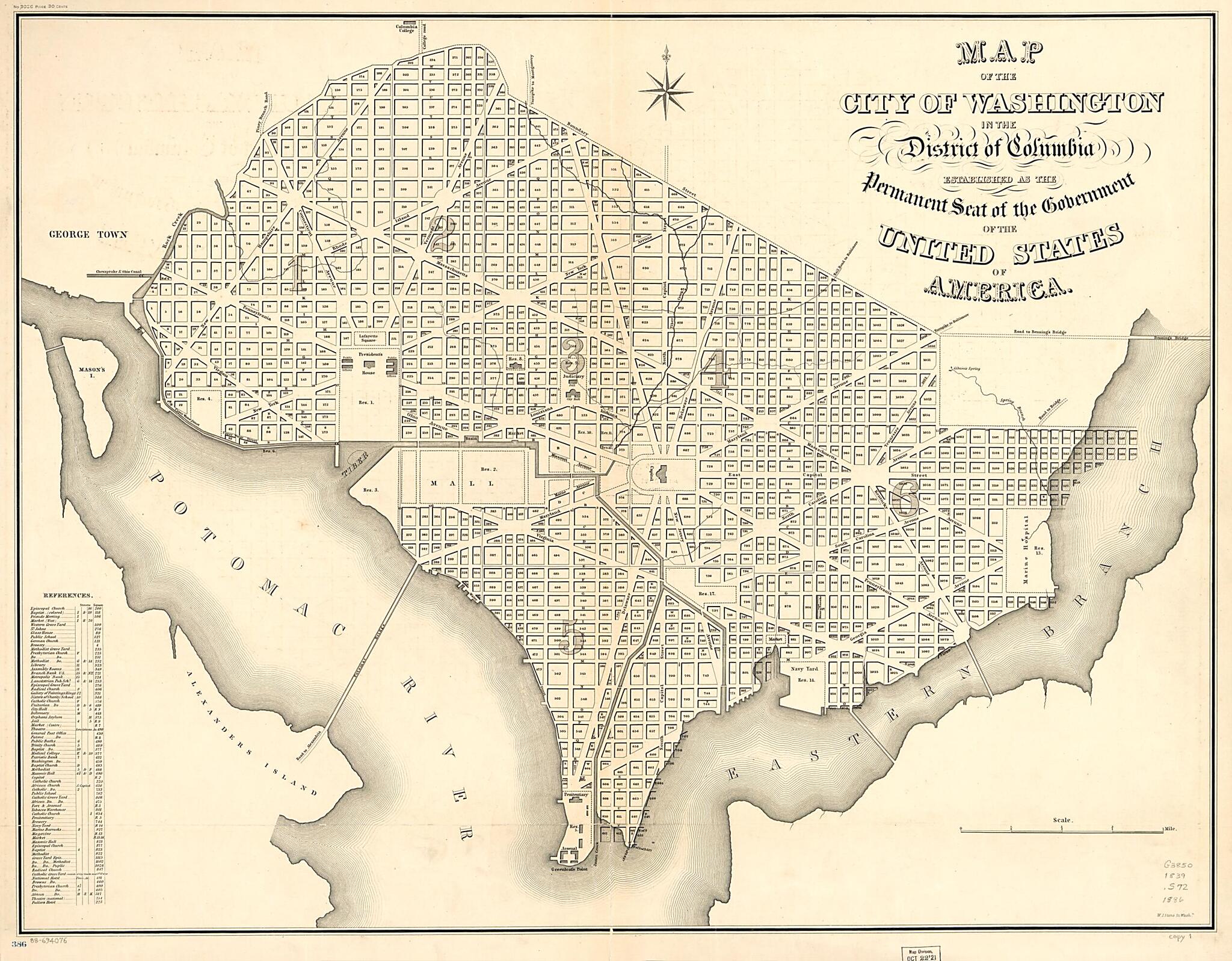 This old map of Map of the City of Washington In the District of Columbia : Established As the Permanent Seat of the Government of the United States of America from 1839 was created by William James Stone,  U.S. Coast and Geodetic Survey in 1839