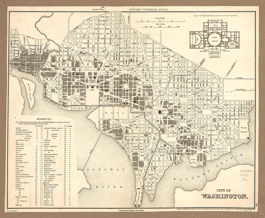 This old map of City of Washington from 1836 was created by Henry Schenck Tanner in 1836