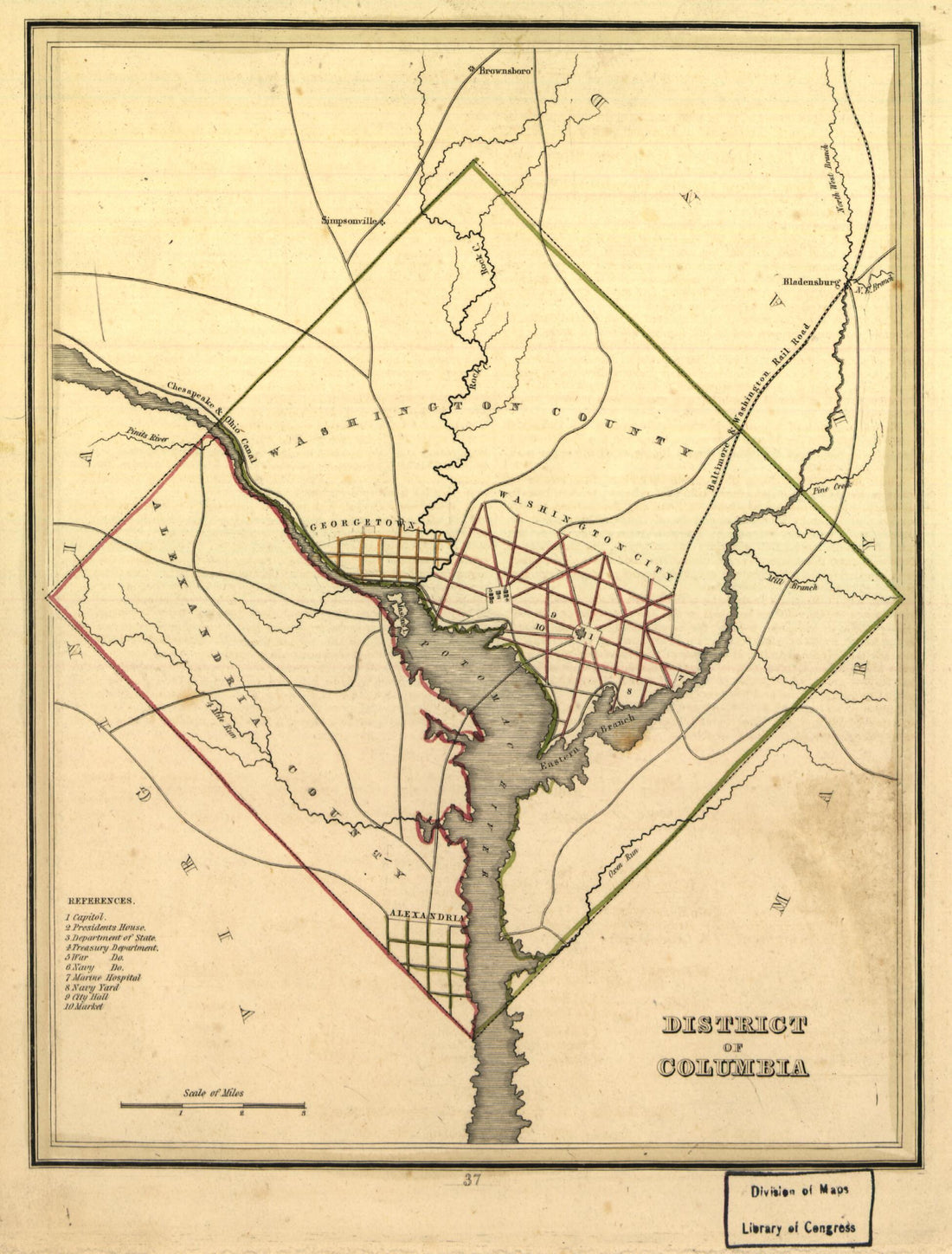 This old map of District of Columbia from 1835 was created by T. G. (Thomas Gamaliel) Bradford in 1835