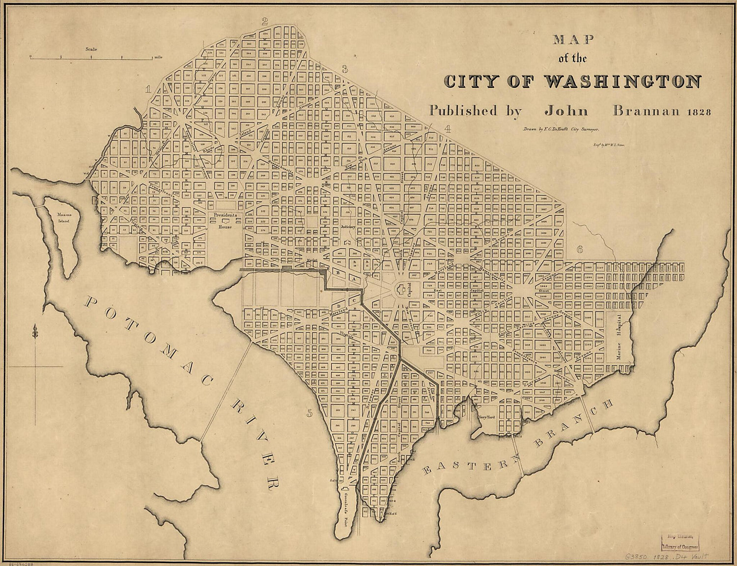 This old map of Map of the City of Washington from 1828 was created by John Brannan, F. C. De Krafft, W. I. Stone in 1828