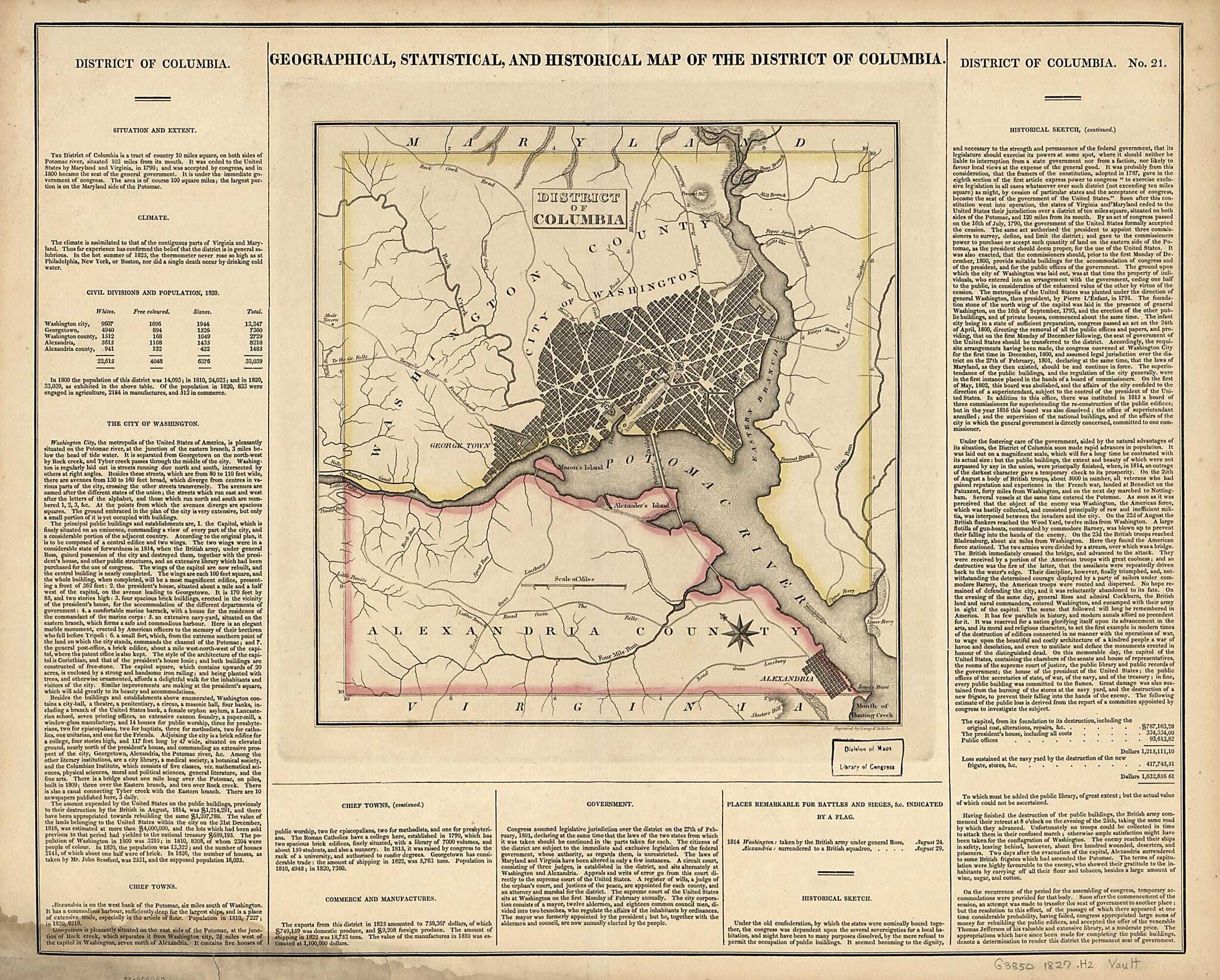 This old map of Geographical, Statistical, and Historical Map of the District of Columbia from 1827 was created by  H.C. Carey &amp; I. Lea (Firm),  Young &amp; Delleker in 1827