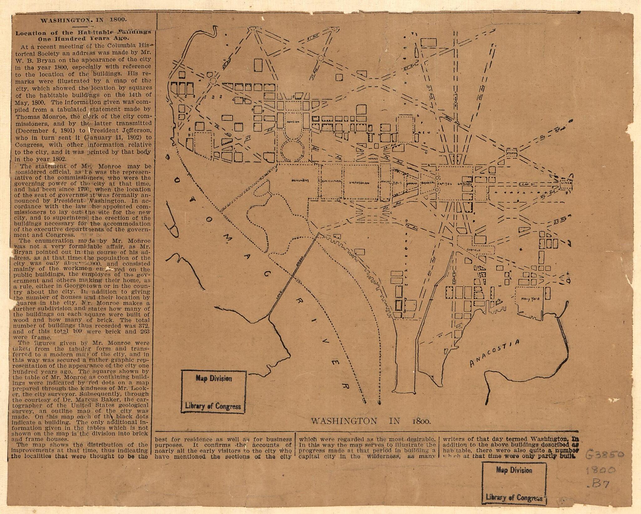 This old map of Washington In from 1800 was created by W. B. (Wilhelmus Bogart) Bryan in 1800