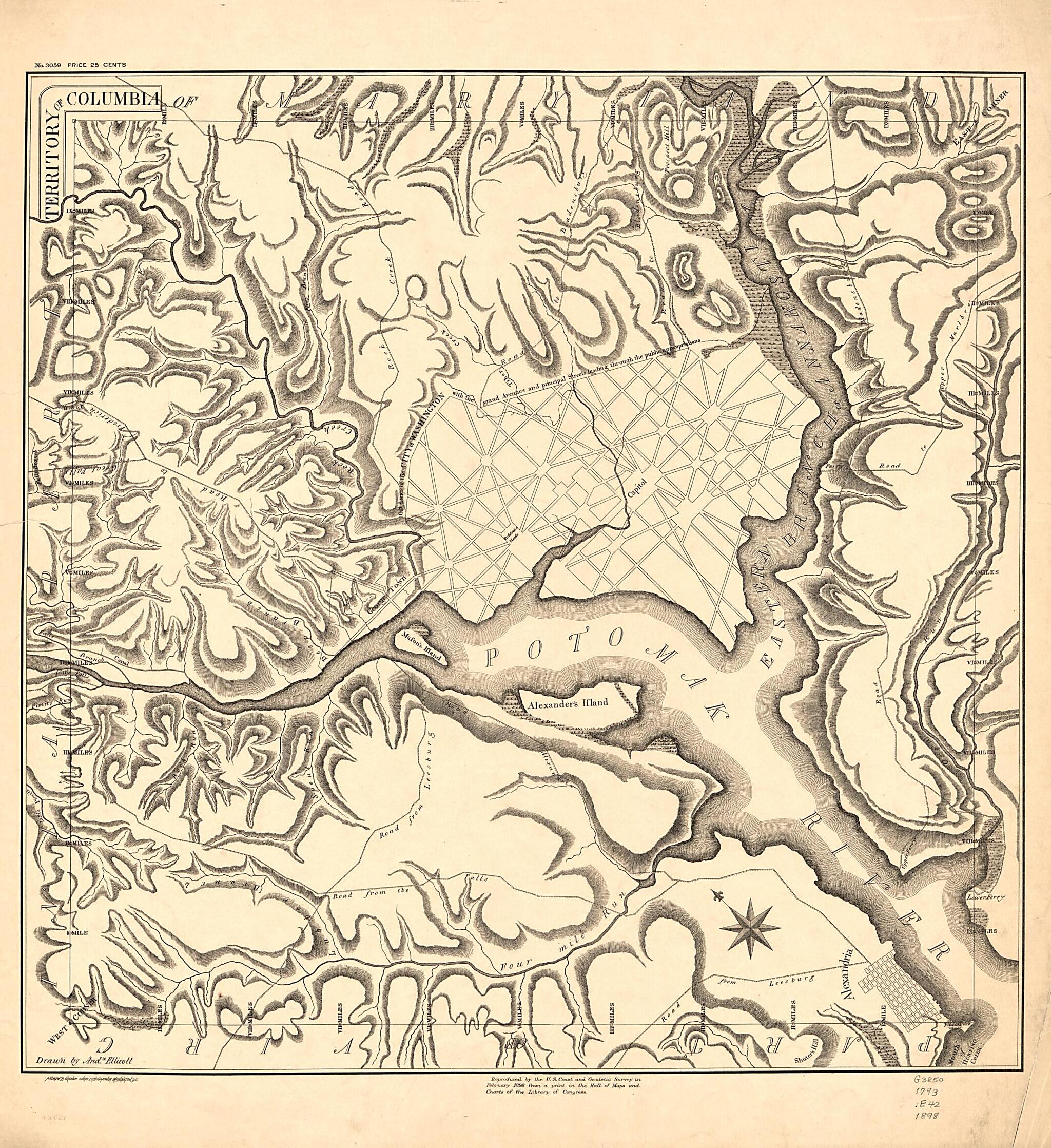 This old map of Territory of Columbia from 1793 was created by Andrew Ellicott,  U.S. Coast and Geodetic Survey in 1793