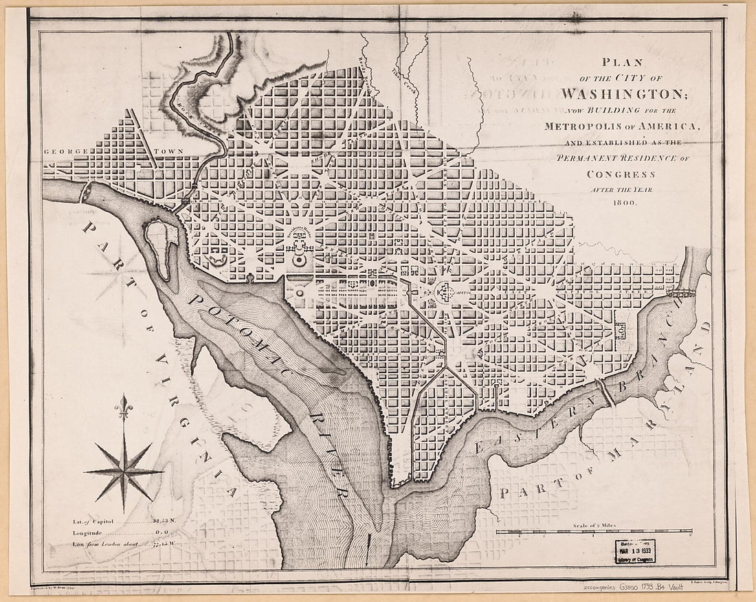 This old map of Plan of the City of Washington : Now Building for the Metropolis of America, and Established As the Permanent Residence of Congress After the Year 1800 from 1793 was created by B. (Benjamin) Baker, William Bent in 1793