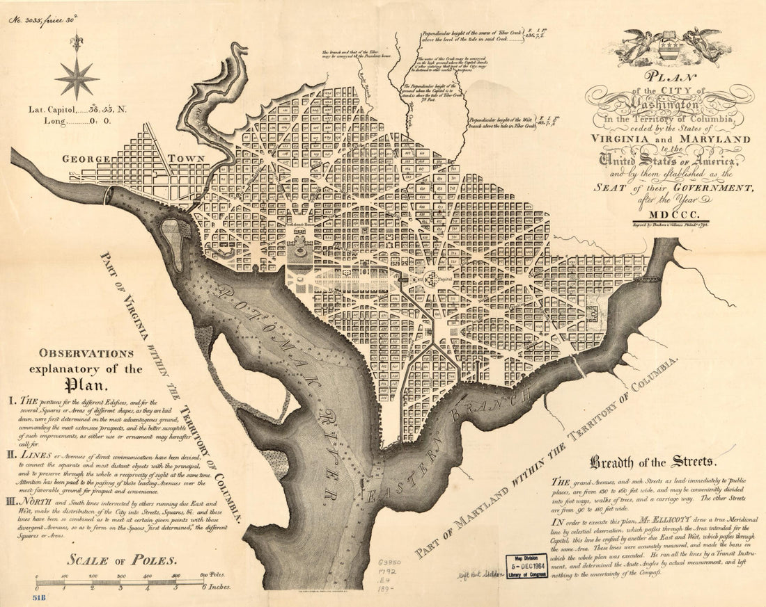 This old map of Plan of the City of Washington In the Territory of Columbia : Ceded by the States of Virginia and Maryland to the United States of America, and by Them Established As the Seat of Their Government, After the Year MDCCC from 1792 was create