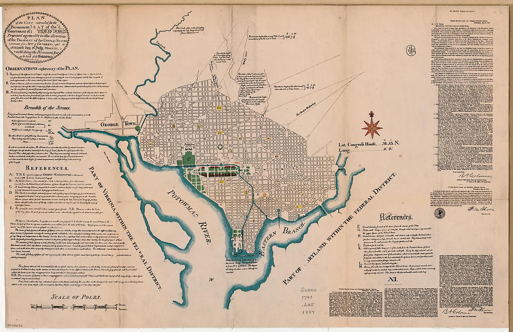 This old map of Plan of the City Intended for the Permanent Seat of the Government of The United States : Projected Agreeable to the Direction of the President of the United States, In Pursuance of an Act of Congress Passed the Sixteenth Day of July, MDC