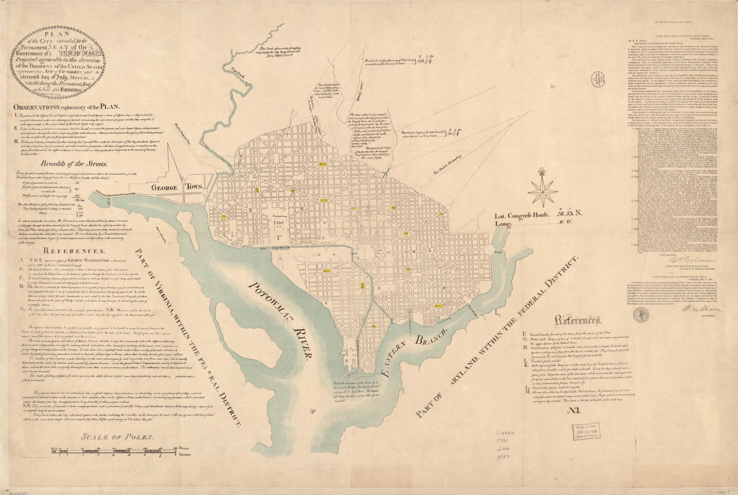 This old map of Plan of the City Intended for the Permanent Seat of the Government of The United States : Projected Agreeable to the Direction of the President of the United States, In Pursuance of an Act of Congress Passed the Sixteenth Day of July, MDC