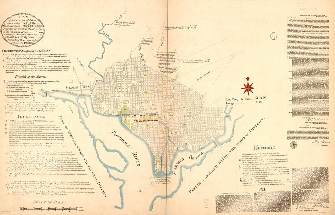 This old map of Plan of the City Intended for the Permanent Seat of the Government of The United States : Projected Agreeable to the Direction of the President of the United States, In Pursuance of an Act of Congress Passed the Sixteenth Day of July, MDC