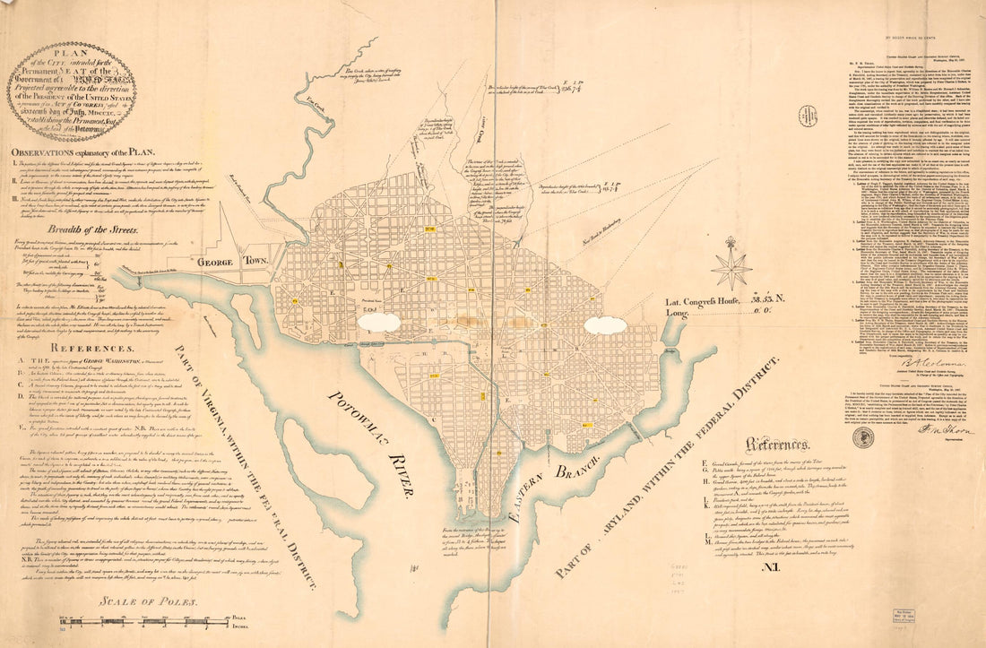 This old map of Plan of the City Intended for the Permanent Seat of the Government of The United States : Projected Agreeable to the Direction of the President of the United States, In Pursuance of an Act of Congress Passed the Sixteenth Day of July, MDC