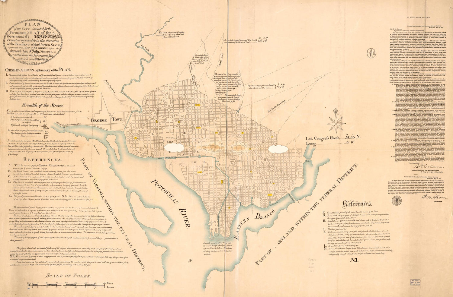 This old map of Plan of the City Intended for the Permanent Seat of the Government of The United States : Projected Agreeable to the Direction of the President of the United States, In Pursuance of an Act of Congress Passed the Sixteenth Day of July, MDC