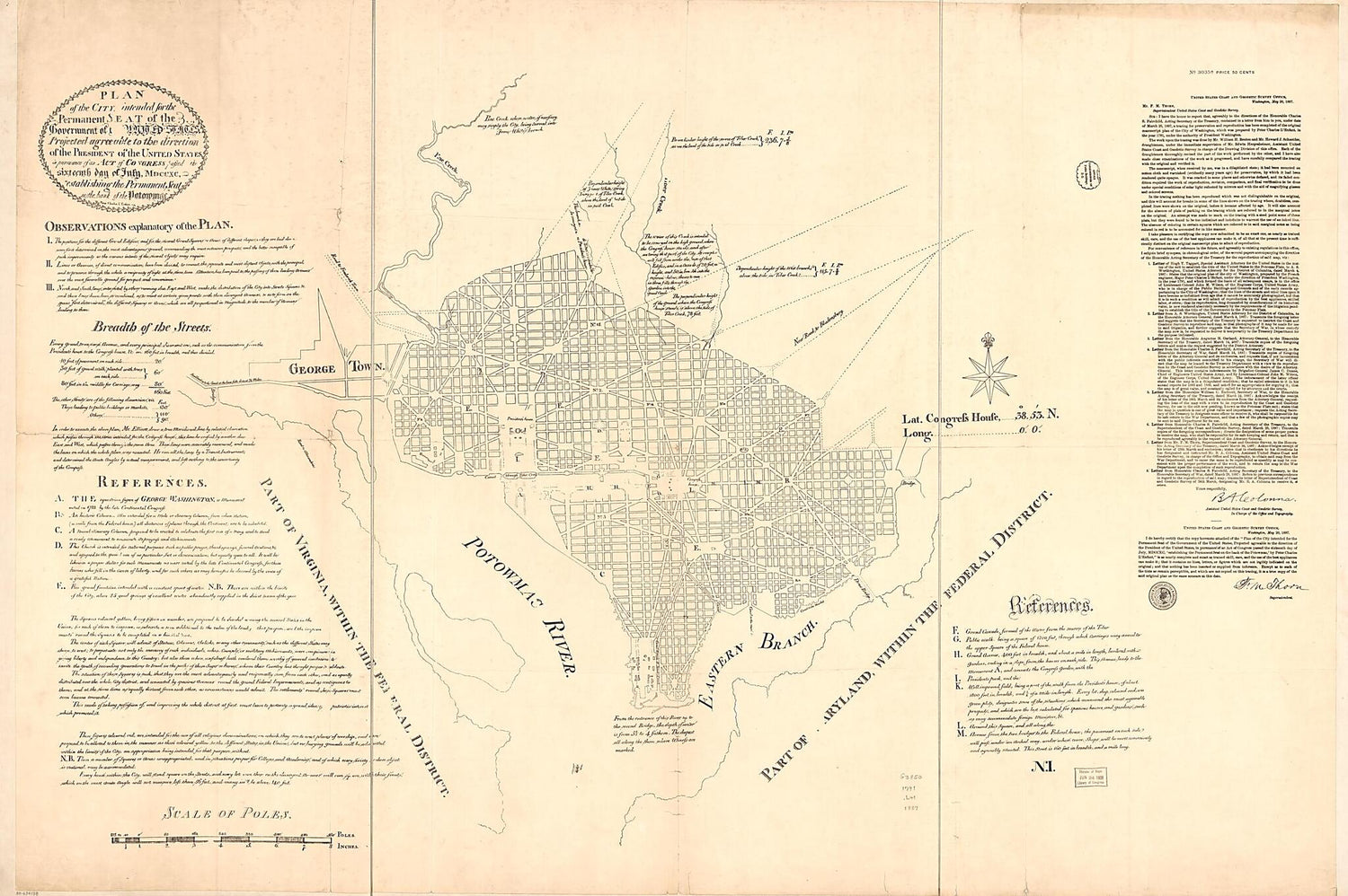 This old map of Plan of the City Intended for the Permanent Seat of the Government of The United States : Projected Agreeable to the Direction of the President of the United States, In Pursuance of an Act of Congress Passed the Sixteenth Day of July, MDC