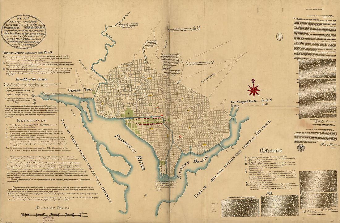 This old map of Plan of the City Intended for the Permanent Seat of the Government of The United States : Projected Agreeable to the Direction of the President of the United States, In Pursuance of an Act of Congress Passed the Sixteenth Day of July, MDC