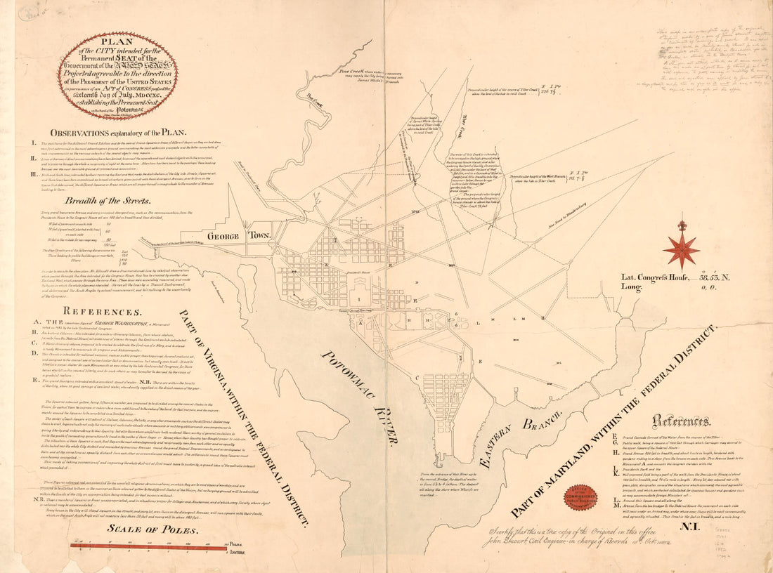 This old map of Plan of the City Intended for the Permanent Seat of the Government of the United States : Projected Agreeable to the Direction of the President of the United States, In Pursuance of an Act of Congress Passed the Sixteenth Day of July, MDC