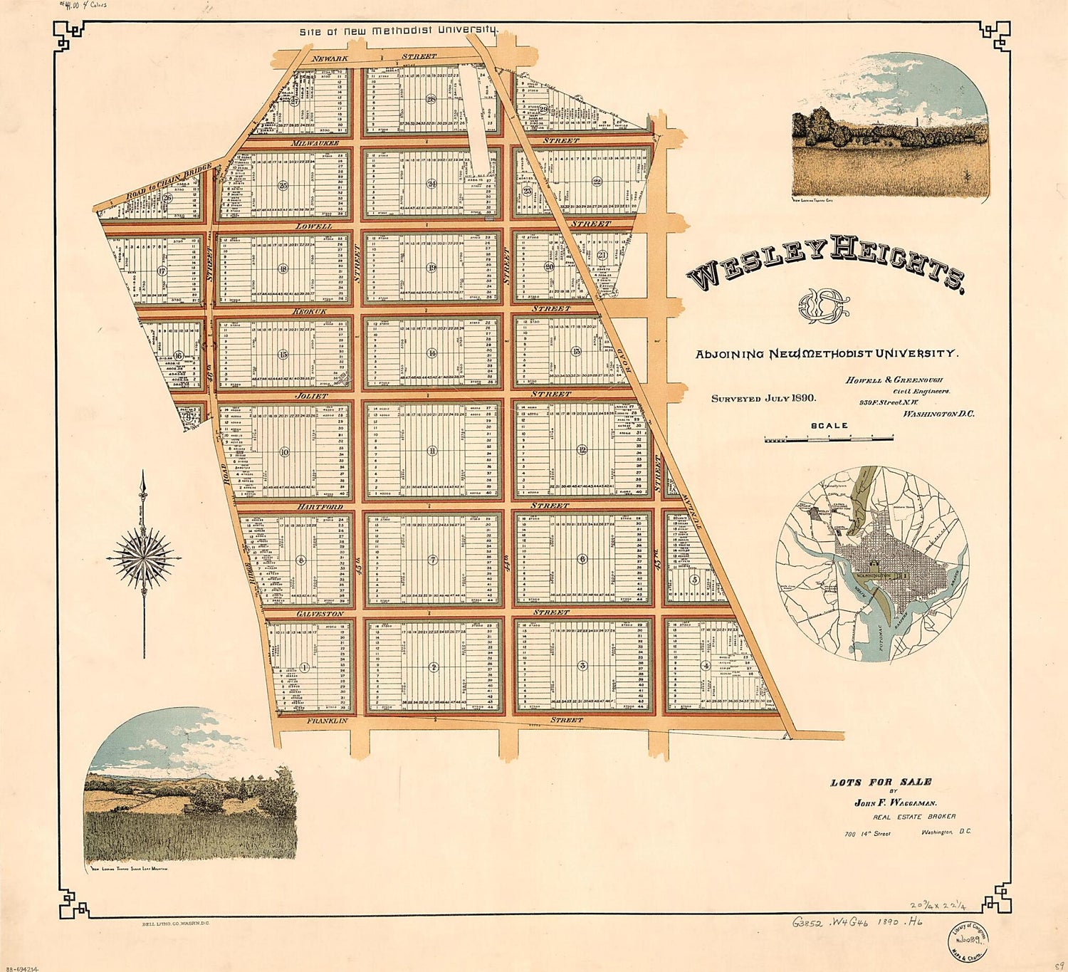 This old map of Wesley Heights, Adjoining New Methodist University from 1890 was created by  Howell &amp; Greenough, John F. Waggaman in 1890