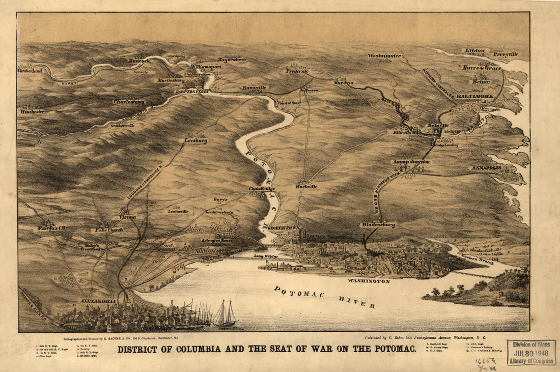 This old map of District of Columbia and the Seat of War On the Potomac from 1861 was created by Casimir Bohn,  E. Sachse &amp; Co in 1861