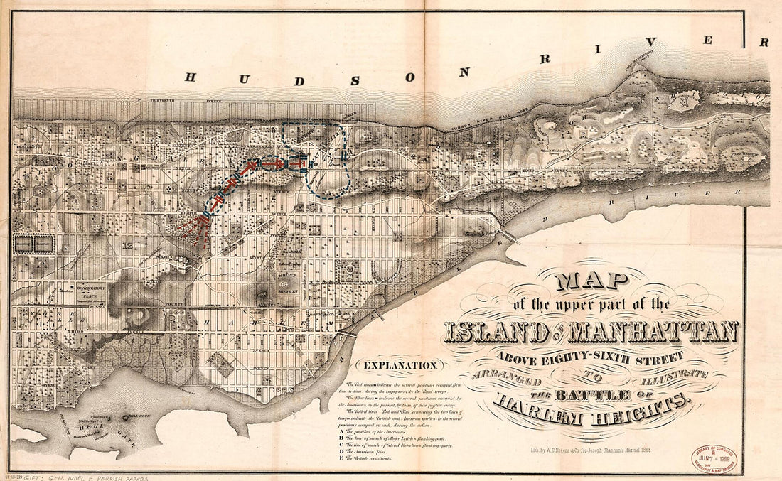 This old map of Sixth Street Arranged to Illustrate the Battle of Harlem Heights from 1776 was created by Noel Francis Parrish, Joseph Shannon,  W.C. Rogers &amp; Co in 1776