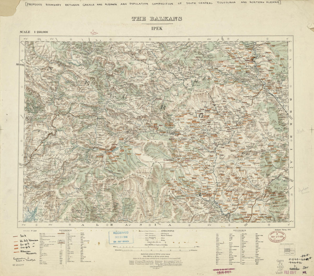 This old map of Proposed Boundary Between Greece and Albania and Population Composition of South Central Yugoslavia and Northern Albania from 1915 was created by  Great Britain. Ordnance Survey,  Great Britain. War Office. General Staff. Geographical Section in 1915