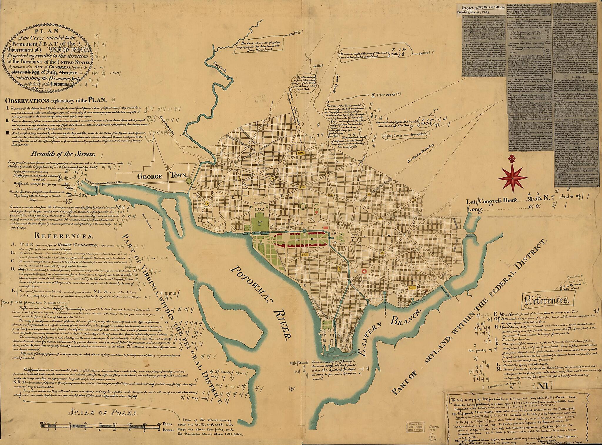 This old map of Plan of the City Intended for the Permanent Seat of the Government of The United States : Projected Agreeable to the Direction of the President of the United States, In Pursuance of an Act of Congress Passed the Sixteenth Day of July, MDC