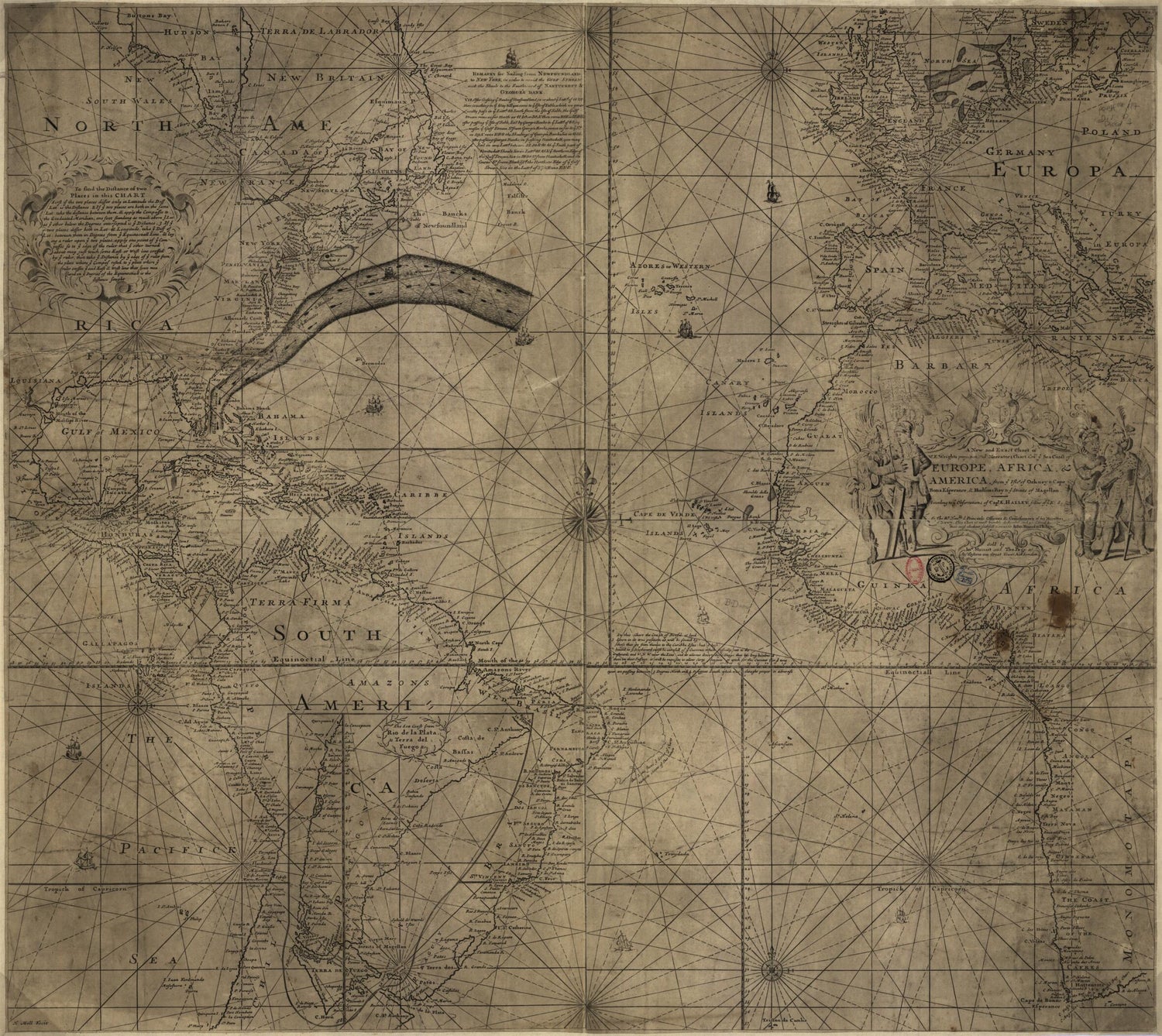 This old map of Folger Chart of the Gulf Stream from 1768 was created by Timothy Folger, Benjamin Franklin, Edmond Halley,  Jno. Mount and Tho. Page, Herman Moll, Edward Wright in 1768